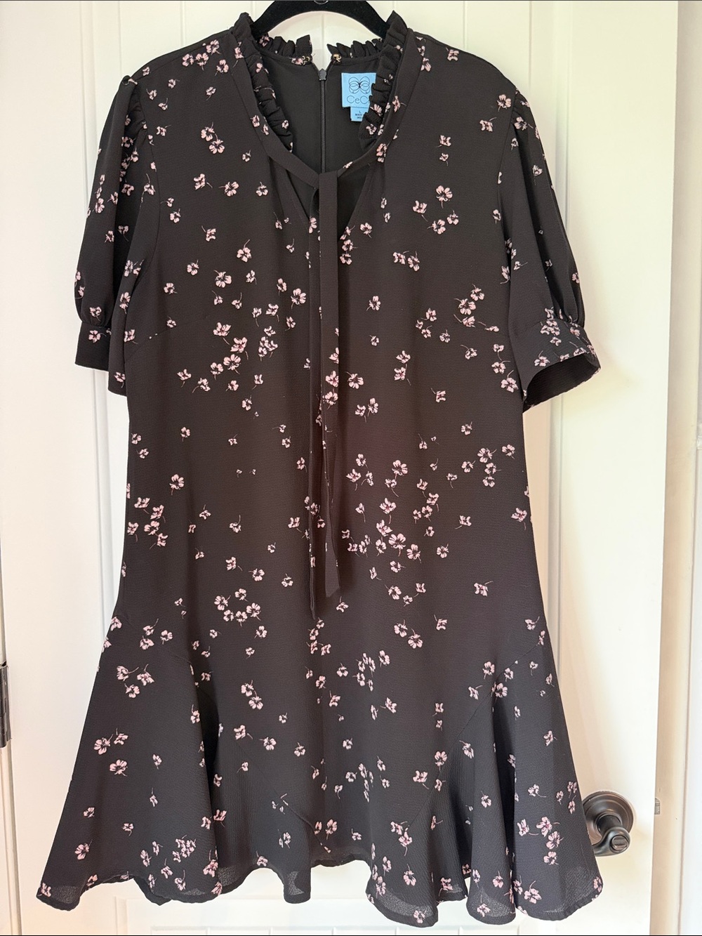 CeCe Feminine Black Dress with Pink Floral Flutter Skirt LBD
